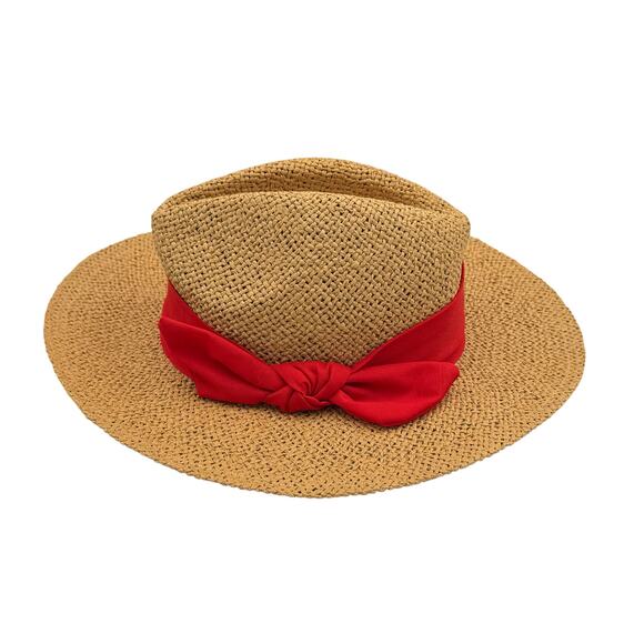 LOFT S/M Fedora Straw Hat 3" Brim Red Ribbon Bow - Picture 4 of 8